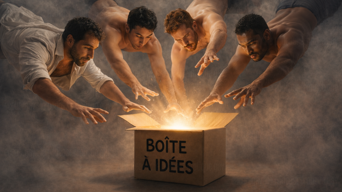 Quatre hommes musclés, torse nu (l’un portant une chemise blanche ouverte), sont suspendus horizontalement au-dessus d’une boîte en carton ouverte marquée « BOÎTE À IDÉES ». Ils tendent les mains vers une lumière dorée intense qui émane de la boîte, dans une ambiance sombre et enfumée, créant un effet dramatique et symbolique.