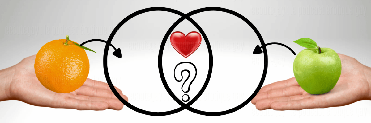 Une main à gauche avec une orange fléchée vers un ikigai contenant en son centre un cœur et un point d'interrogation, à droite une pomme dans une autre main qui fait face à l'autre, sur fond gris et blanc dégradé. 