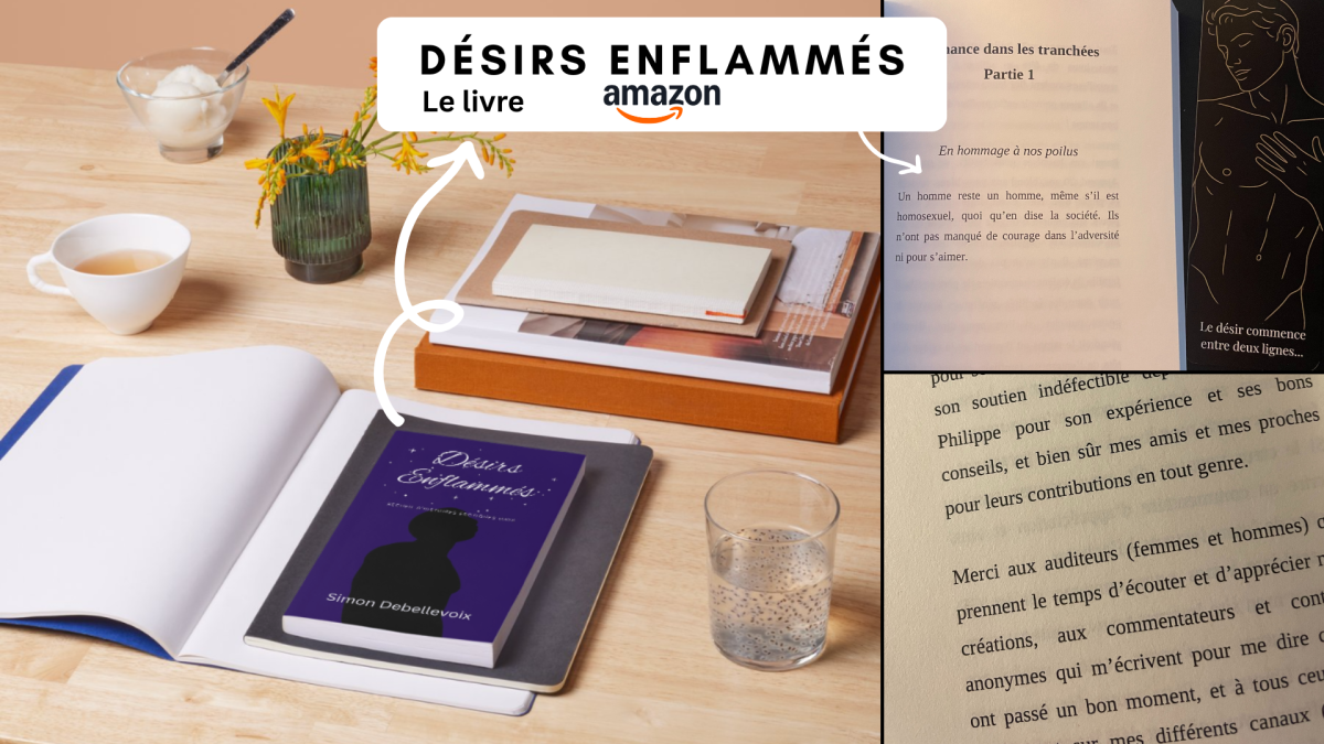 Soutenir le podcast avec le livre Désirs enflammés Livre « Désirs enflammés » de Simon Debellevoix posé sur un bureau en bois, entouré de carnets, d’une tasse de thé et de pages ouvertes, invitant à soutenir le podcast en commandant le livre sur Amazon, extraits et marque-pages