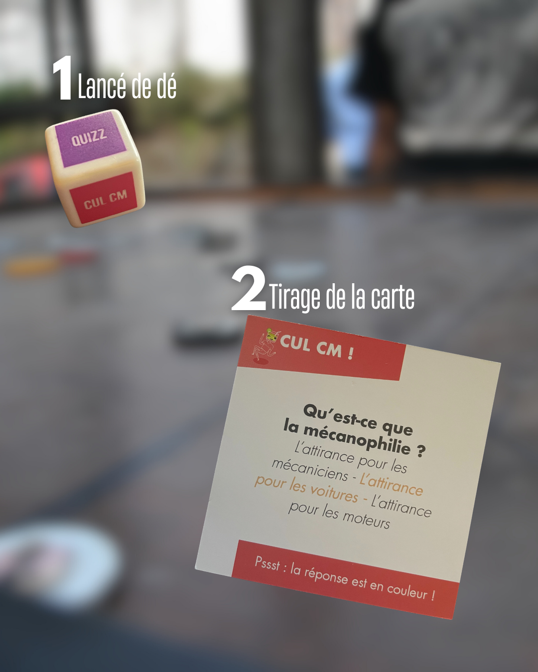 Dé du jeu Apéri'cul et carte "Cul CM" Qu'est-ce que la mécanophilie ? sur fond trouble, plateau de jeux.