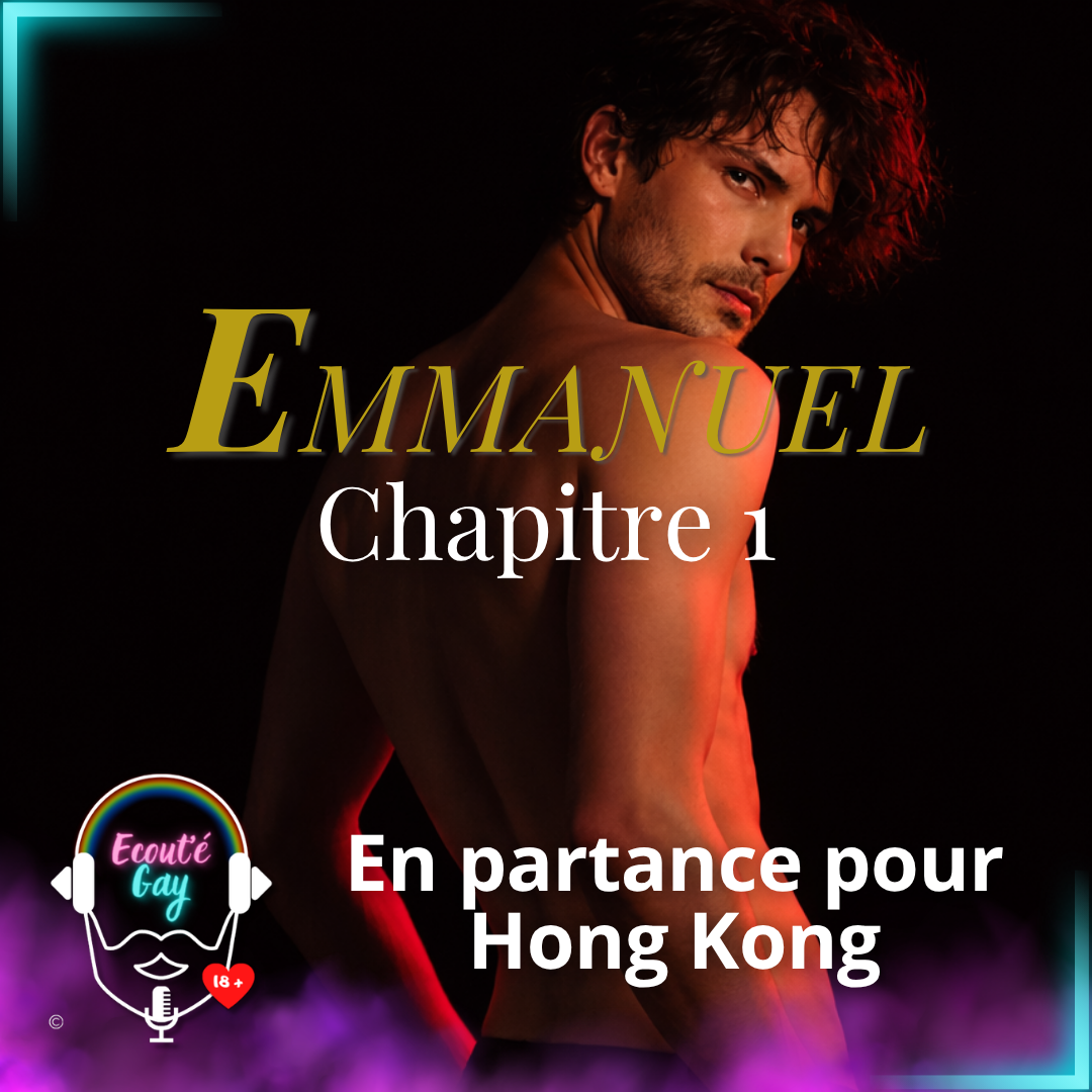 Visuel promotionnel du livre “Désirs Enflammés”, recueil d’histoires érotiques gay du podcast ecoutegay, avec un homme torse nu sur la couverture et le texte “Le cadeau à Daddy – à retrouver en page 37 du livre” devant un fond de tissu rouge.