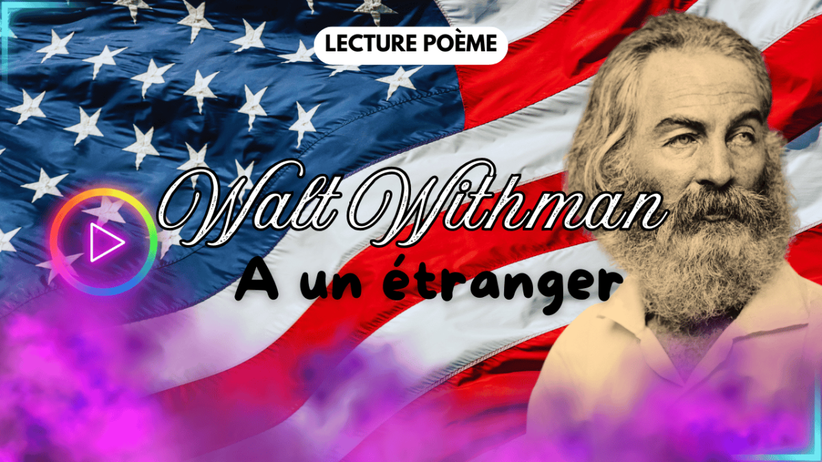 Miniature YouTube de la lecture "A un étranger" de Walt Withman : Fond drapeau américain flottant, portrait photographique de Walt Withman tête tournée sur la gauche. Brume violette, coin en néon coin haut gauche et coin bas droite, symbole lecture néon rose et contour en cercle arc-en-ciel.