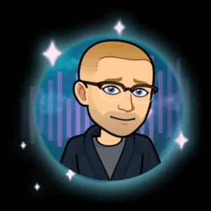 Avatar Bitmoji stylisé de Phalluranius, homme chauve aux lunettes bleues, sourire confiant, chemise grise foncée. Effets cosmiques avec ondes sonores violettes, étoiles scintillantes sur fond noir – icône du podcast Ecoutegay.