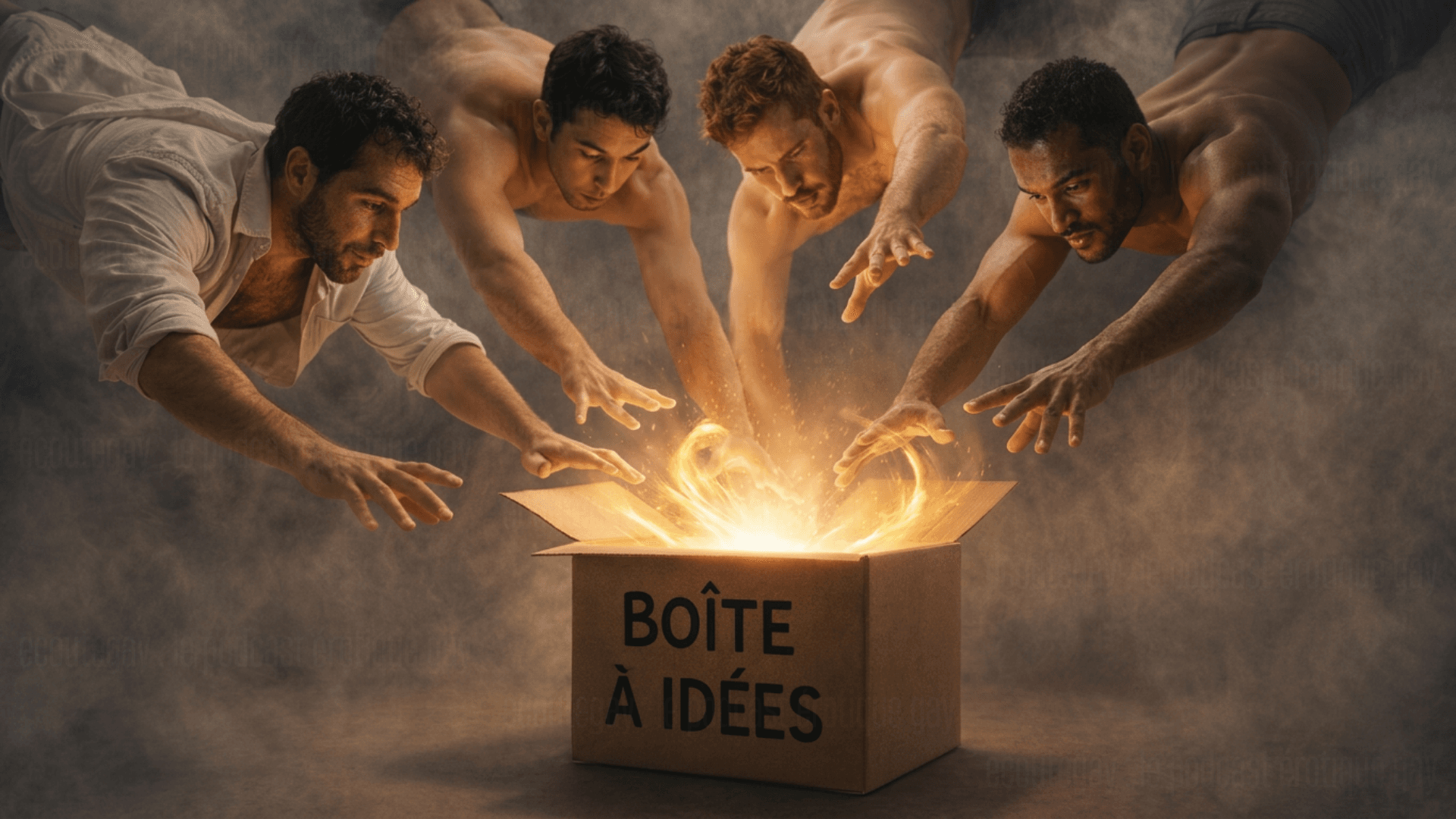 Quatre hommes nus athlétiques (cheveux noirs, roux, bouclés) tendent les mains vers une boîte en carton dorée étiquetée « BOÎTE À IDÉES », d’où jaillit une lumière magique et de la fumée. Composition dynamique en lévitation, fond sombre mystique.