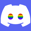 Logo Discord blanc stylisé sur fond bleu, avec des yeux ronds remplis de drapeaux arc-en-ciel, représentant le serveur communautaire gay Ecoutegay.