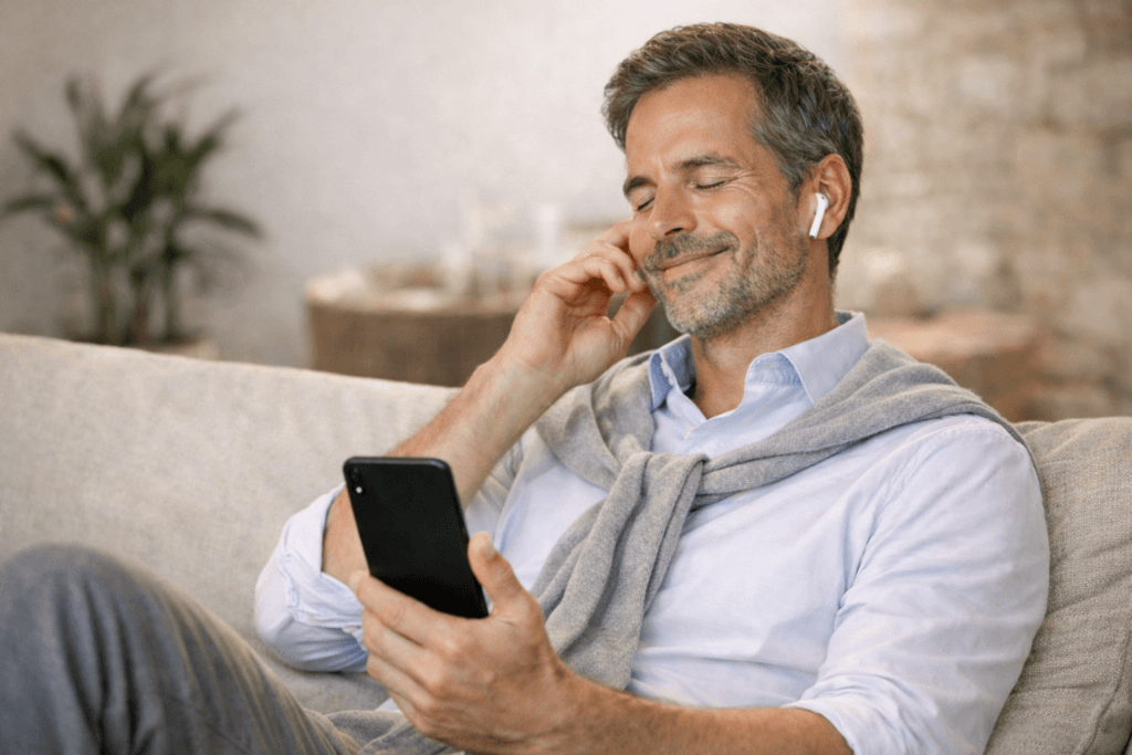 Homme mûr souriant avec des écouteurs sans fil, détendu sur un canapé, écoutant du contenu audio sur son smartphone.