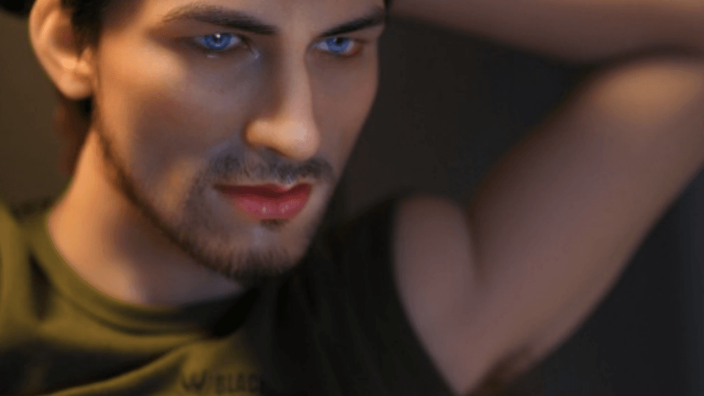 Portrait intense d’un mannequin homme barbu séduisant, profil gauche éclairé dramatiquement : yeux bleus perçants, lèvres pulpeuses rouge, épaule nue en t-shirt vert olive. Ambiance sensuelle sombre pour partenariat avec Sexy Doll latex.