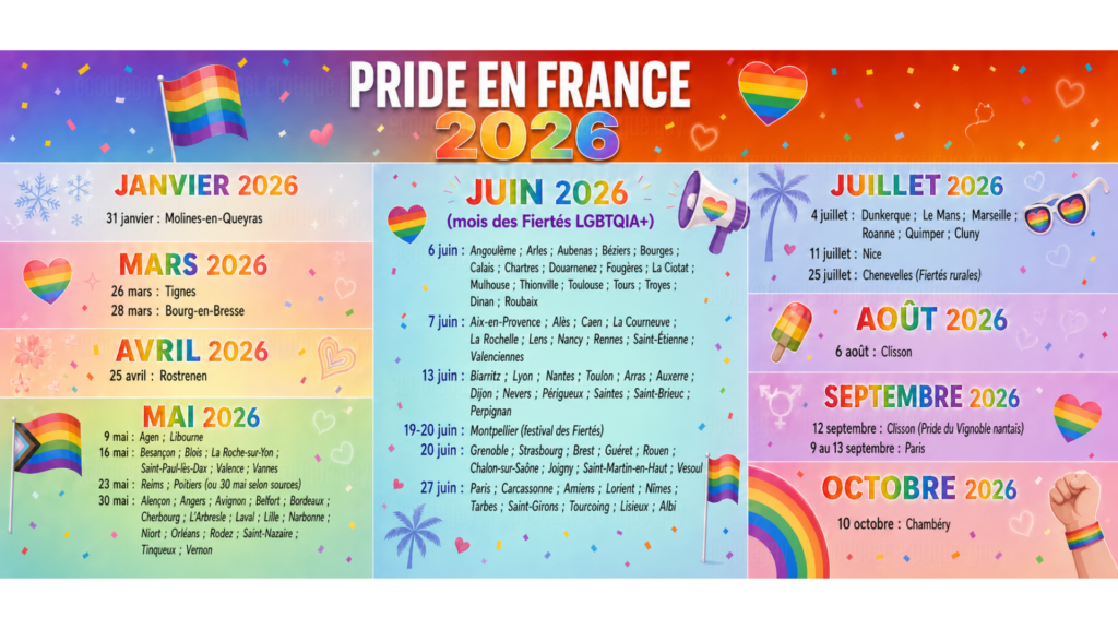 Affiche calendrier des Pride en France 2026 avec les dates des marches LGBT de janvier à octobre.