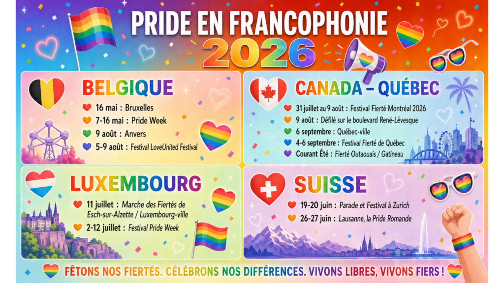 Affiche Pride en francophonie 2026 avec les événements en Belgique, au Canada, au Luxembourg et en Suisse.