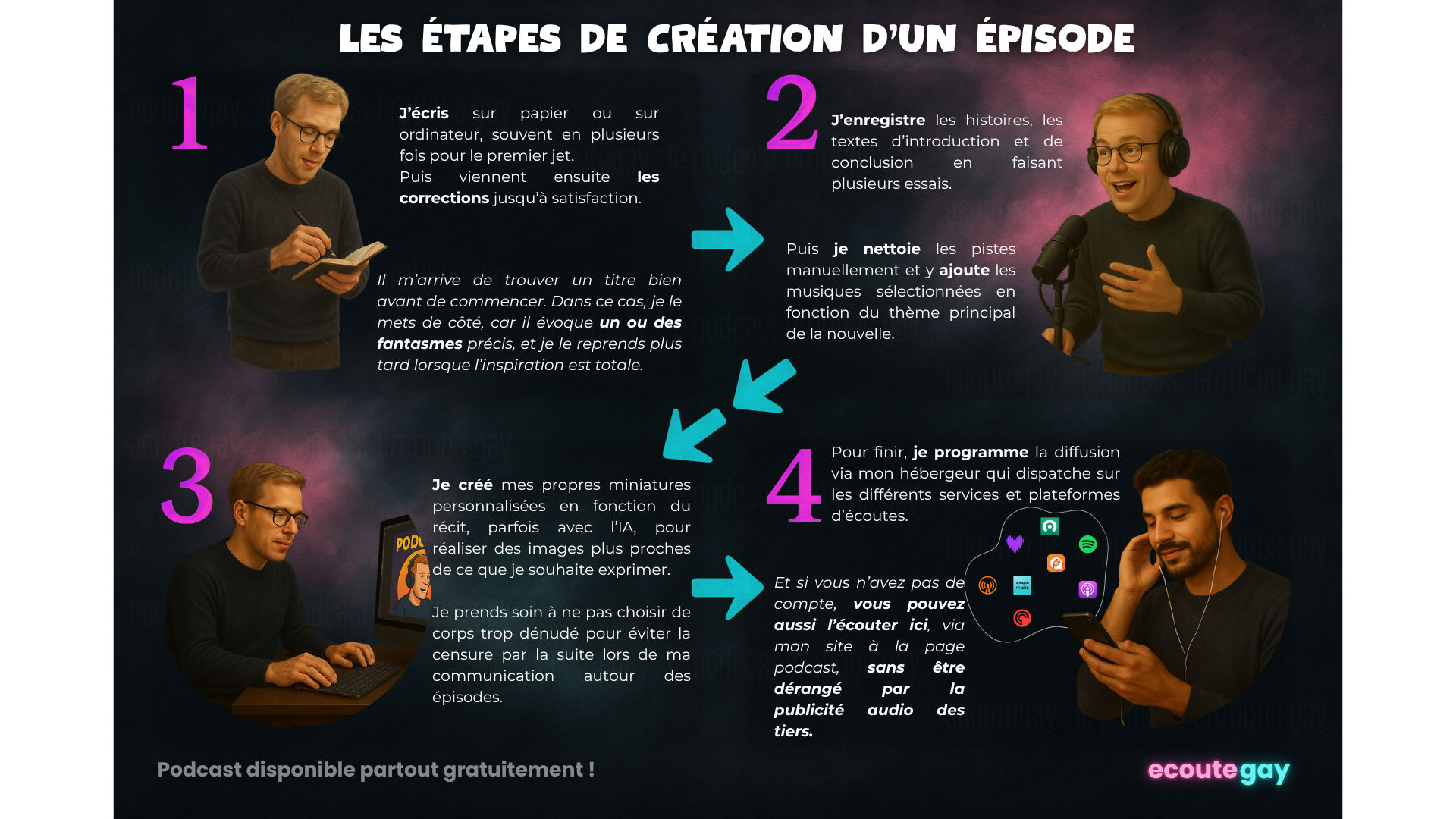 Infographie en 4 étapes de création d'un épisode de "porncast" par un auteur gay : 1. Idée et script ; 2. Recherche historique ; 3. Mini-script ; 4. Enregistrement et diffusion. Homme souriant en action, fond bleu foncé, logo "ecoutegay".