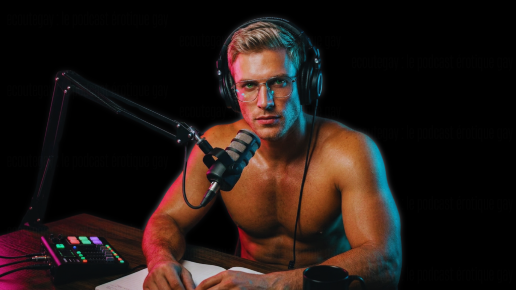 Hôte du podcast ecoutegay au micro, casque sur les oreilles, ambiance studio néon, image de bienvenue pour le blog et le podcast érotique gay.