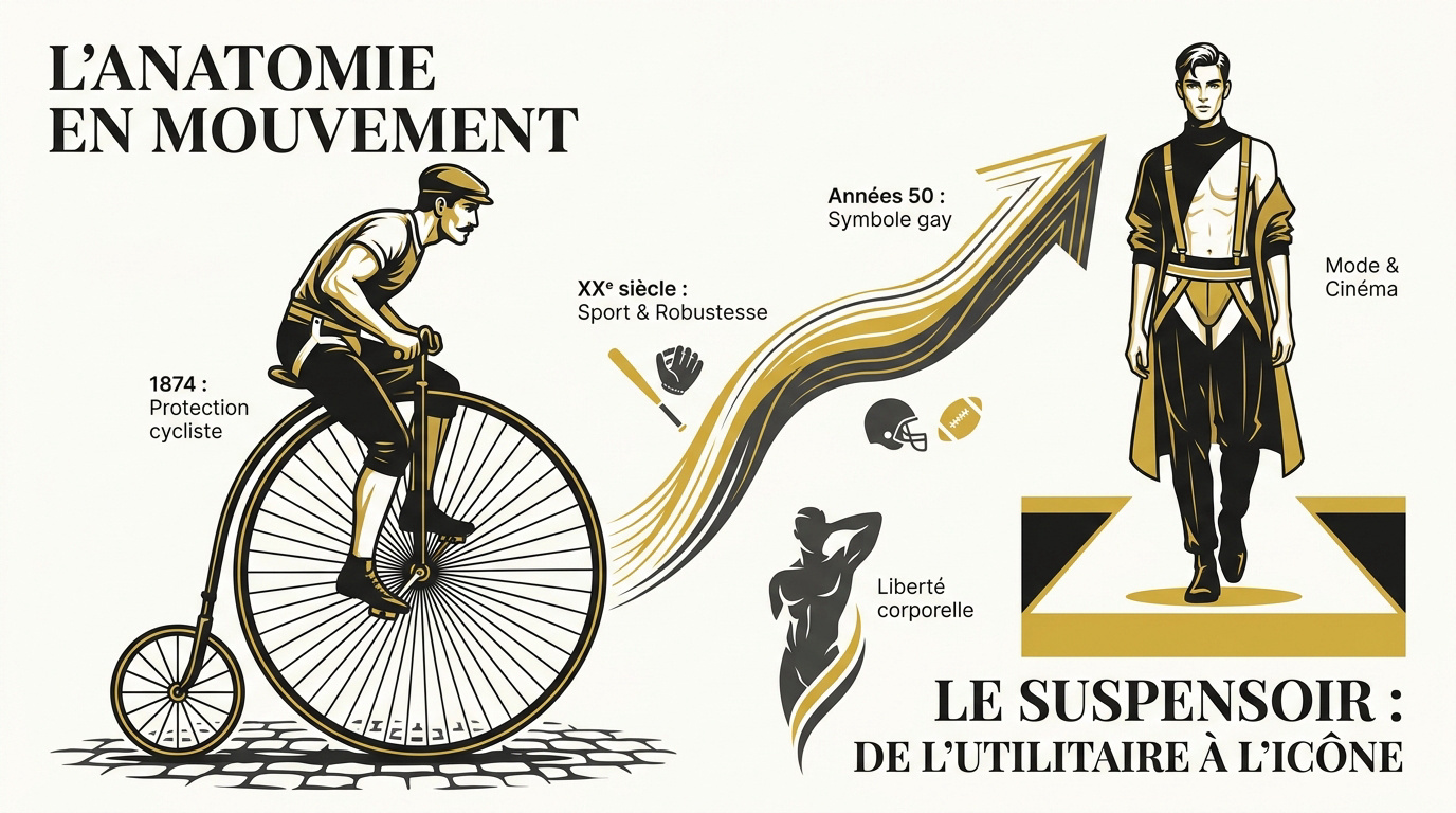 Schéma anatomique illustrant le maintien et la structure d'un jockstrap homme