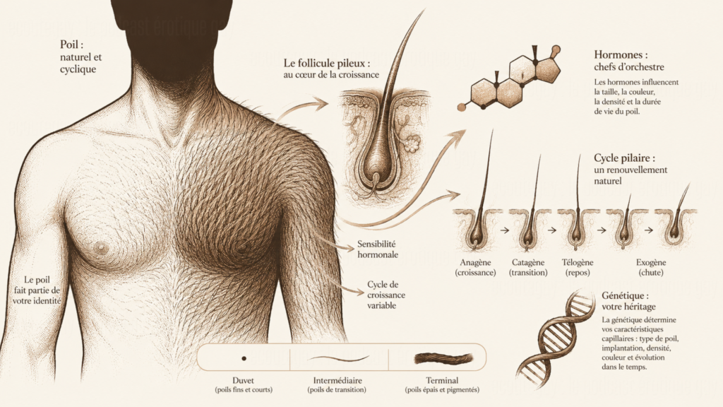 Infographie sur la pilosité masculine, la pousse du poil, les hormones, la génétique et le rapport au corps dans la communauté gay