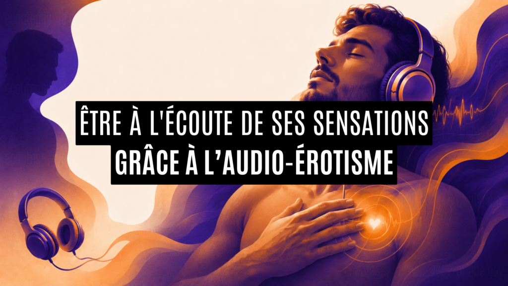Homme au casque les yeux fermés, à l’écoute de ses sensations grâce à l’audio-érotisme et au podcast EcouteGay
