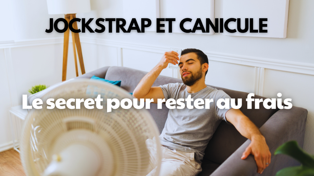 Homme souffrant de la canicule sur un canapé avec ventilateur et verre d’eau, illustration de la chaleur estivale et du besoin de fraîcheur