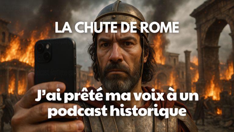 Soldat romain filmant Rome en flammes avec un smartphone, illustration d’un podcast historique en voix off sur la chute de Rome