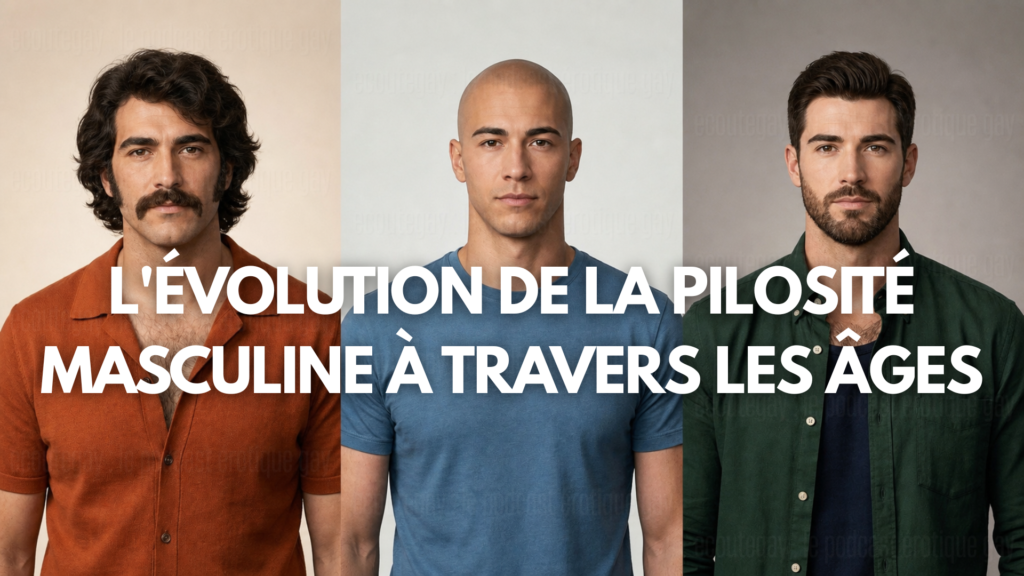 Évolution de la pilosité masculine selon les époques, trois portraits d’hommes aux styles différents pour illustrer les codes du poil dans la communauté gay