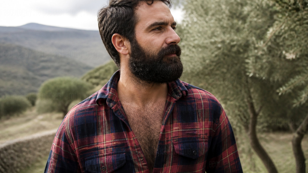 Homme barbu à la pilosité naturelle en chemise ouverte, illustration de la virilité, du torse poilu et des codes de désir dans la communauté gay