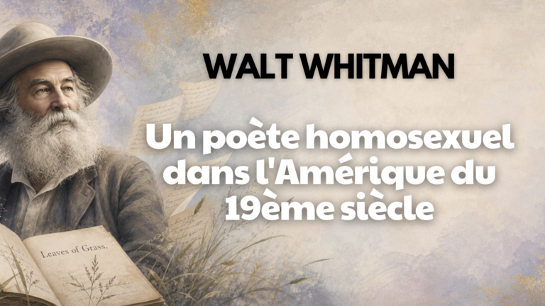 Illustration d’un poète barbu au chapeau avec Leaves of Grass, ambiance littéraire queer pour ecoutegay