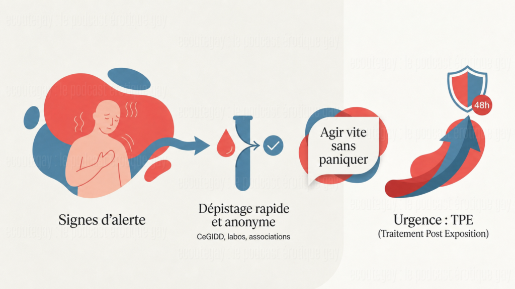 Infographie sur la prévention IST et MST, avec signes d’alerte, dépistage rapide et traitement post-exposition en urgence.