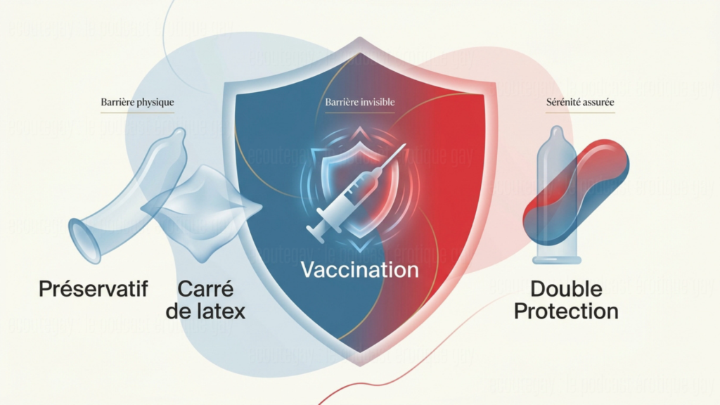 Infographie sur les trois protections pour des rapports sexuels sûrs : préservatif, carré de latex et vaccination.