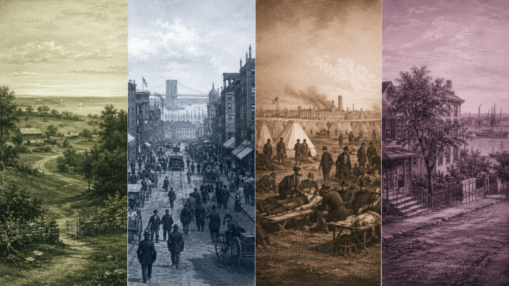 Paysages de la vie de Walt Whitman, entre campagne, ville américaine, guerre civile et bord de fleuve, pour illustrer le parcours du poète gay et son œuvre