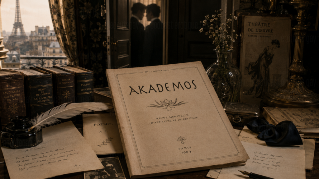 Akademos en 1909 à Paris, revue pionnière de l’histoire des magazines gays, entourée de livres, poèmes et correspondances