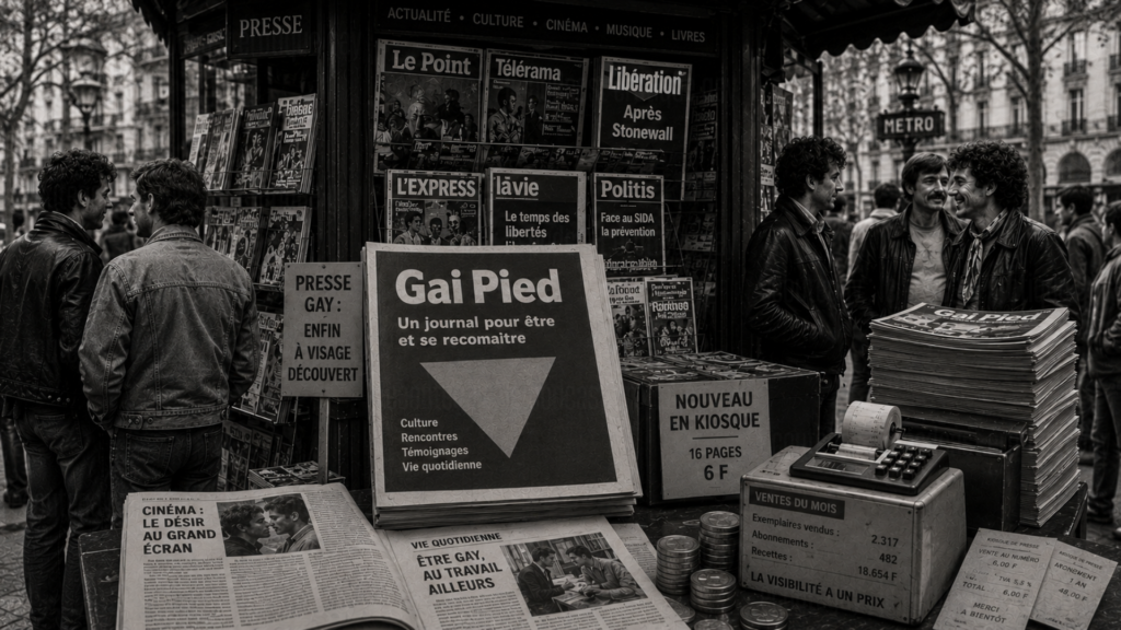 Kiosque parisien présentant Gai Pied, figure majeure des magazines gays en France, entouré de lecteurs et de titres de presse