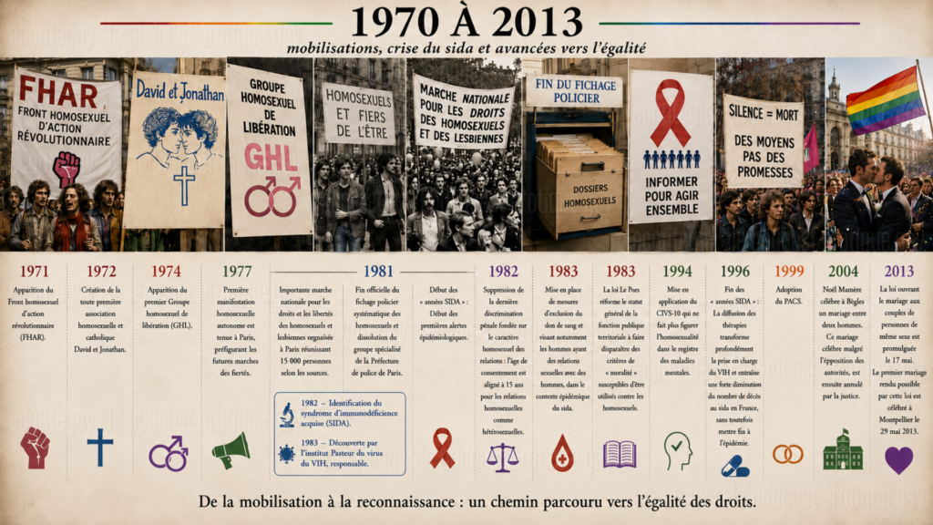 Frise de l’histoire LGBTQ+ en France de 1970 à 2013, des mobilisations homosexuelles et de la crise du sida au PACS et au mariage pour tous