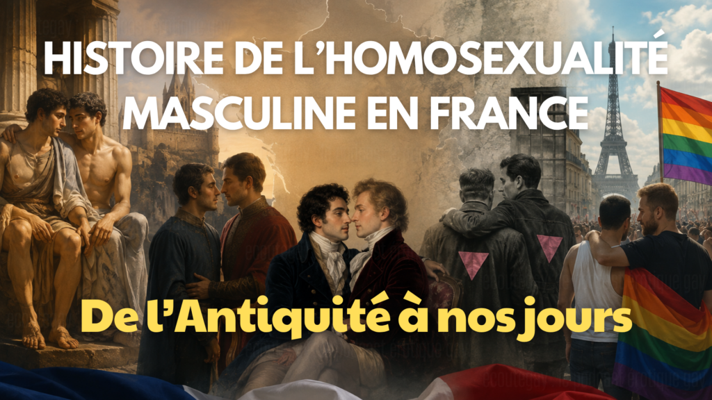 Illustration de l’histoire LGBTQ+ en France avec couples d’hommes, triangles roses, drapeau arc-en-ciel et Tour Eiffel à Paris