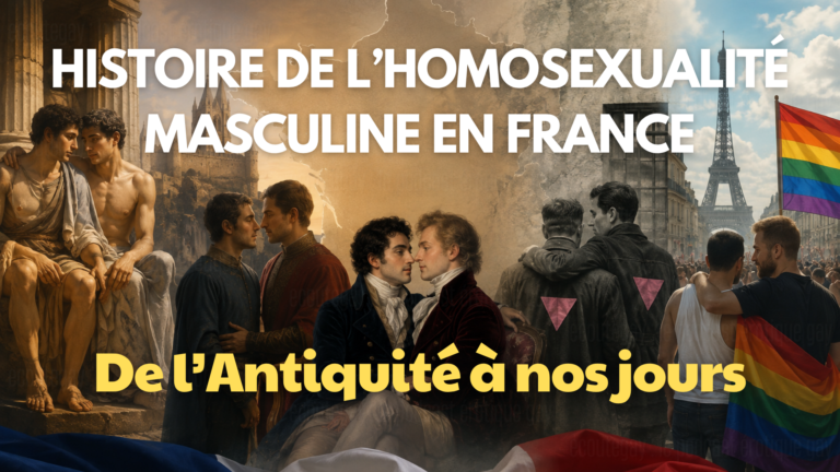 Illustration de l’histoire LGBTQ+ en France avec couples d’hommes, triangles roses, drapeau arc-en-ciel et Tour Eiffel à Paris
