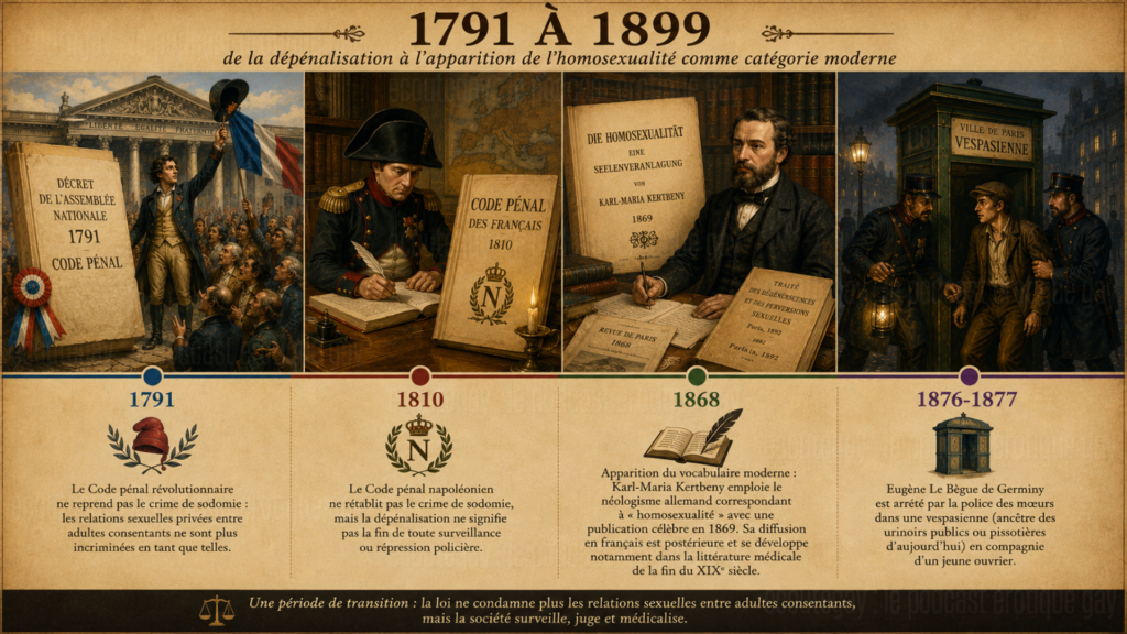 Frise historique de l’homosexualité en France de 1791 à la fin du XIXe siècle, de la dépénalisation à l’apparition du terme homosexualité