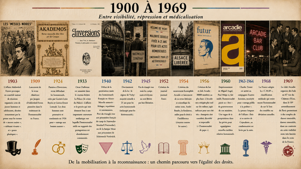 Frise Histoire de l’homosexualité en France de 1900 à 1969, entre visibilité, répression, persécution nazie, mouvement Arcadie et médicalisation