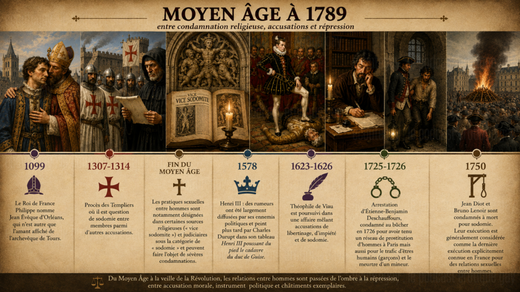 Frise historique de l’homosexualité en France du Moyen Âge à 1789, entre condamnation religieuse, accusations de sodomie et répression