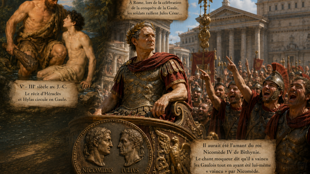 Illustration de Jules César à Rome, entouré de soldats, avec Nicomède IV et le récit d’Héraclès et Hylas évoquant les relations entre hommes dans l’Antiquité