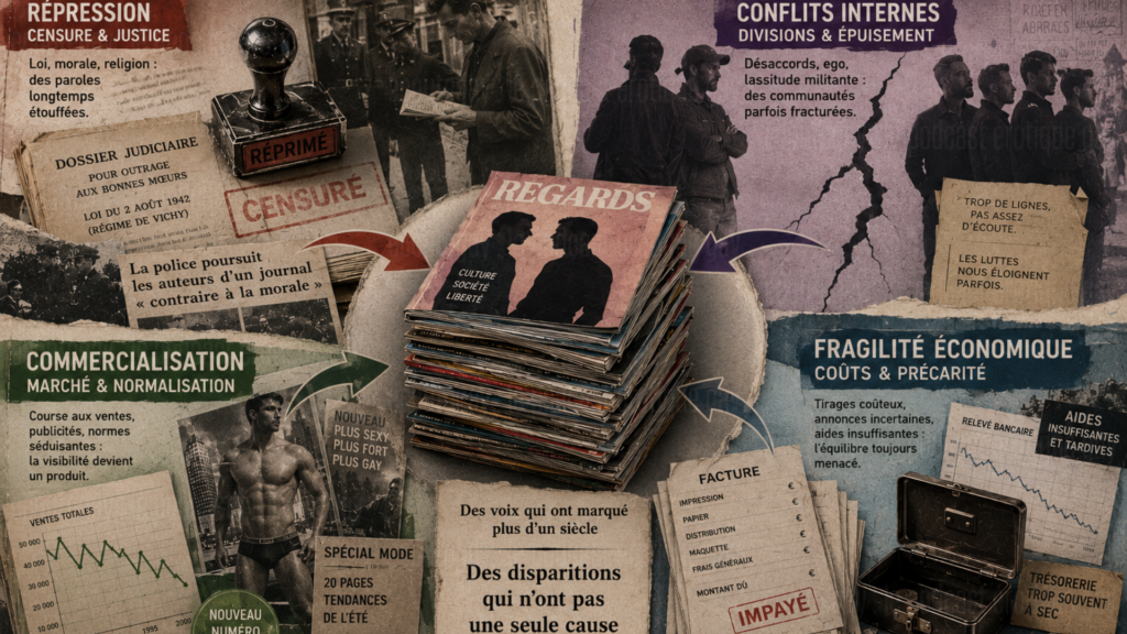 Magazines gays confrontés à la répression, à la commercialisation, aux divisions internes et à la fragilité économique de la presse LGBTQ+