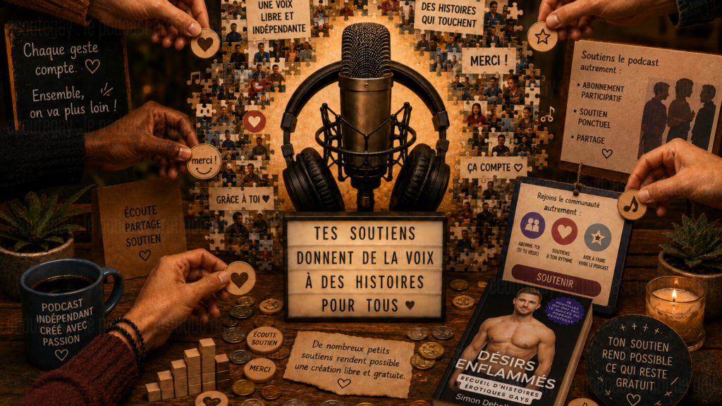 Soutien au podcast gay indépendant ecoutegay avec microphone, communauté d’auditeurs, dons, abonnements et partage
