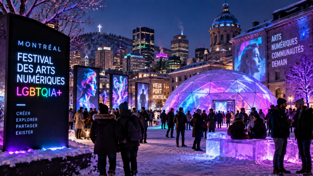 Festival LGBTQIA+ à Montréal en hiver, avec installations d’arts numériques colorées, public et skyline illuminée, parmi les festivals LGBTQIA+ existants en francophonie.