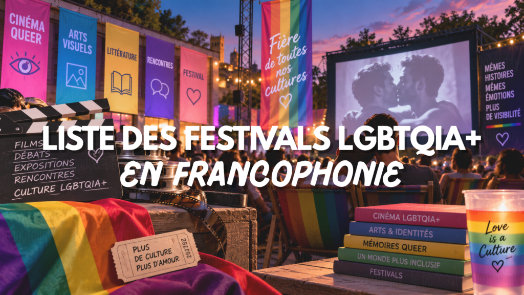 Festival LGBTQIA+ francophone en plein air avec projection de cinéma queer, drapeaux arc-en-ciel et public réuni autour de la culture LGBTQIA+.