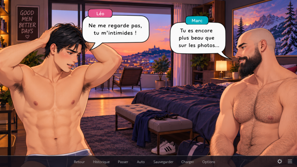 Mockup du jeu gay Gay Harem sur ordinateur, montrant une scène de visual novel romantique entre deux hommes.