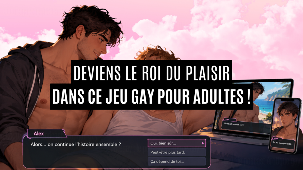 Illustration de Gay Harem avec deux hommes complices et une interface de jeu de drague gay proposant plusieurs choix de dialogue.