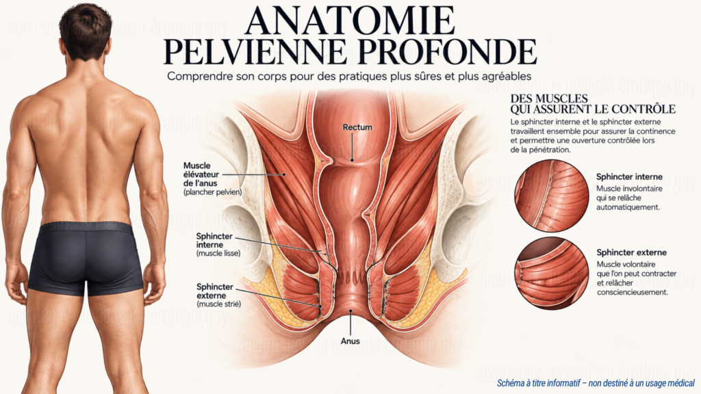 Schéma de l’anatomie pelvienne masculine montrant le rectum, l’anus, les sphincters interne et externe et les muscles du plancher pelvien.