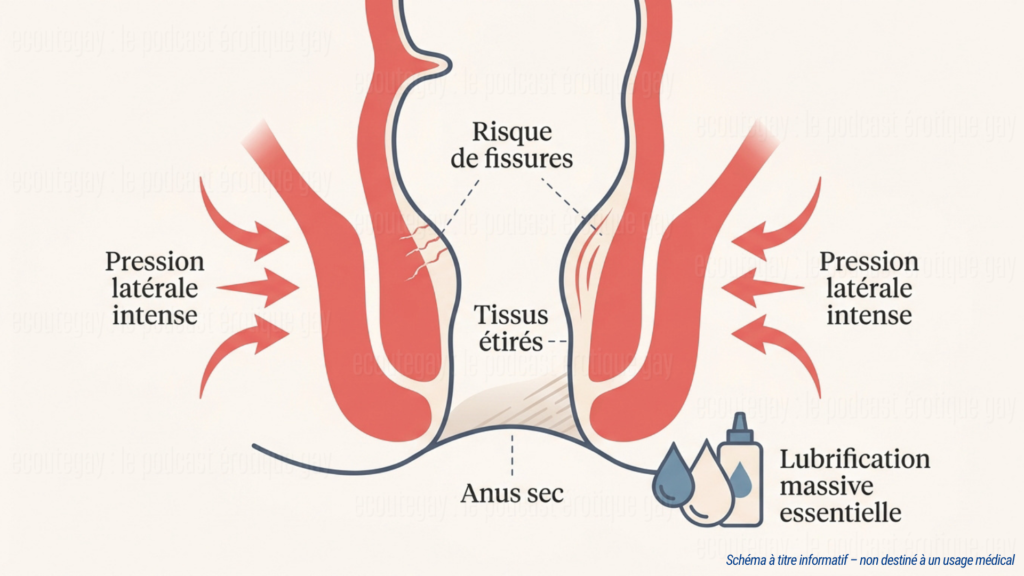 Illustration médicale montrant la pression latérale sur l’anus, l’étirement des tissus, le risque de fissures anales et l’importance de la lubrification lors du sexe anal.