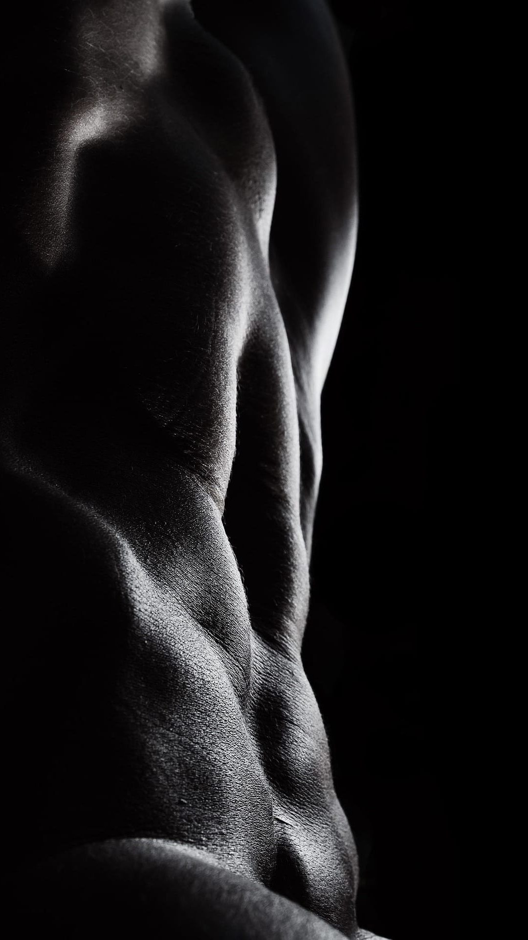 Torse d’homme musclé éclairé en clair-obscur mettant en valeur les abdominaux et les obliques dans une ambiance sensuelle et sombre.